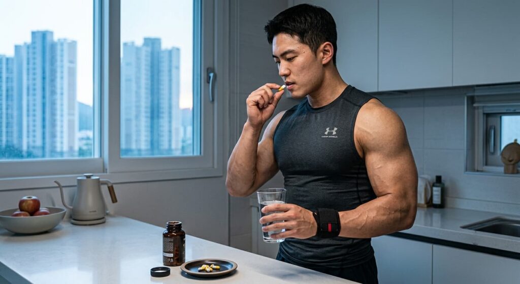운동 전 공복에 아르기닌 복용하는 모습
