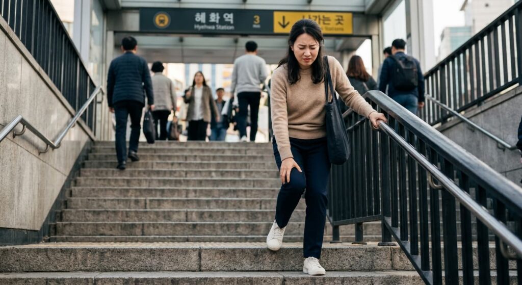 계단에서 무릎 통증을 느끼는 모습