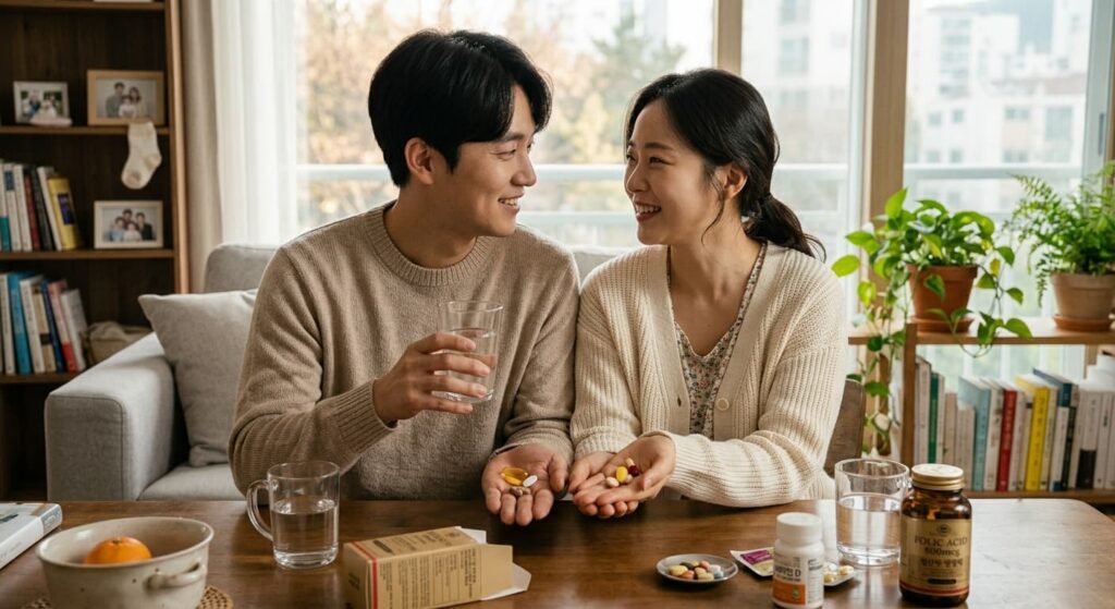 임신 준비 중 남녀가 함께 엽산을 섭취하는 모습