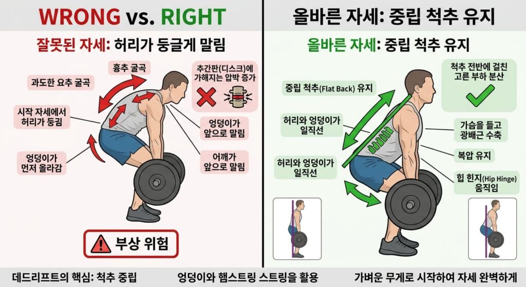 데드리프트 시 허리 말림 자세 비교