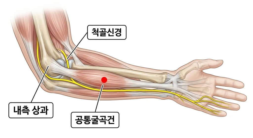 내측 상과의 공통굴곡건 압통점과 뒤쪽을 지나는 척골신경의 위치