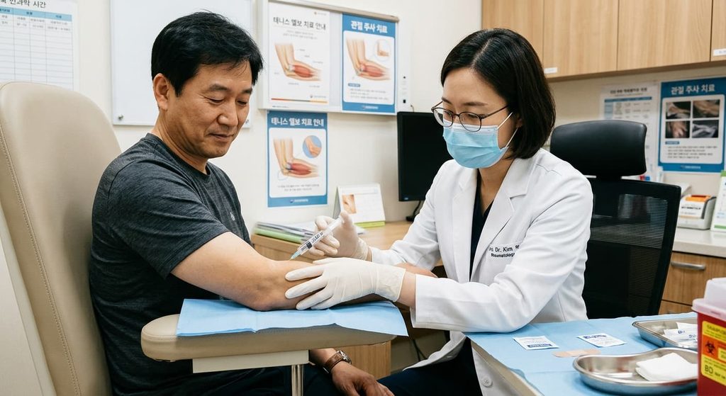 팔꿈치 엘보 치료를 하고 있는 모습