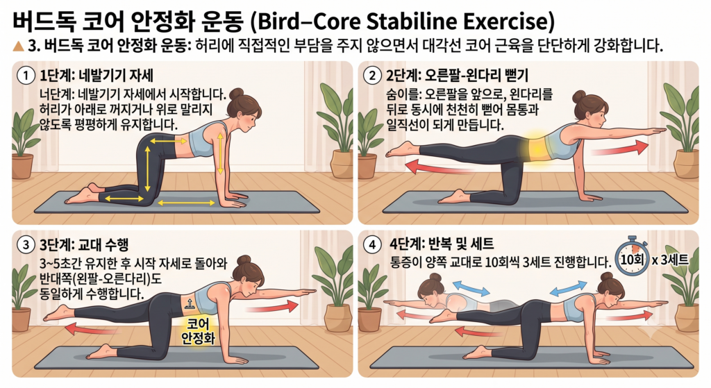 버드독 (Bird-Dog) 운동 (코어 및 척추 안정화)