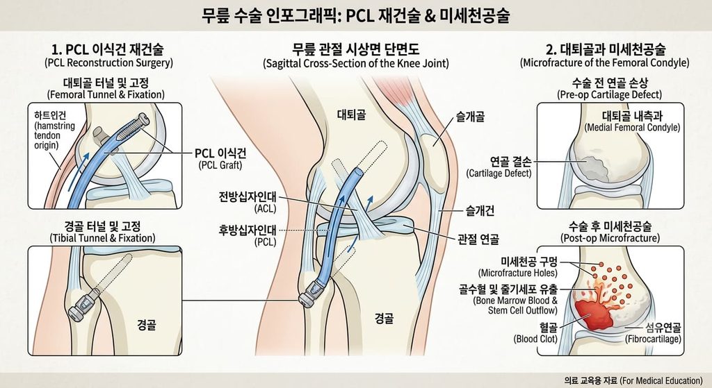 후방십자인대 이식건과 대퇴골과 미세천공 부위의 무릎 단면 인포그래픽