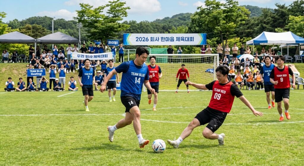 회사 체육대회 축구 경기 중 부상 위험을 보여주는 이미지