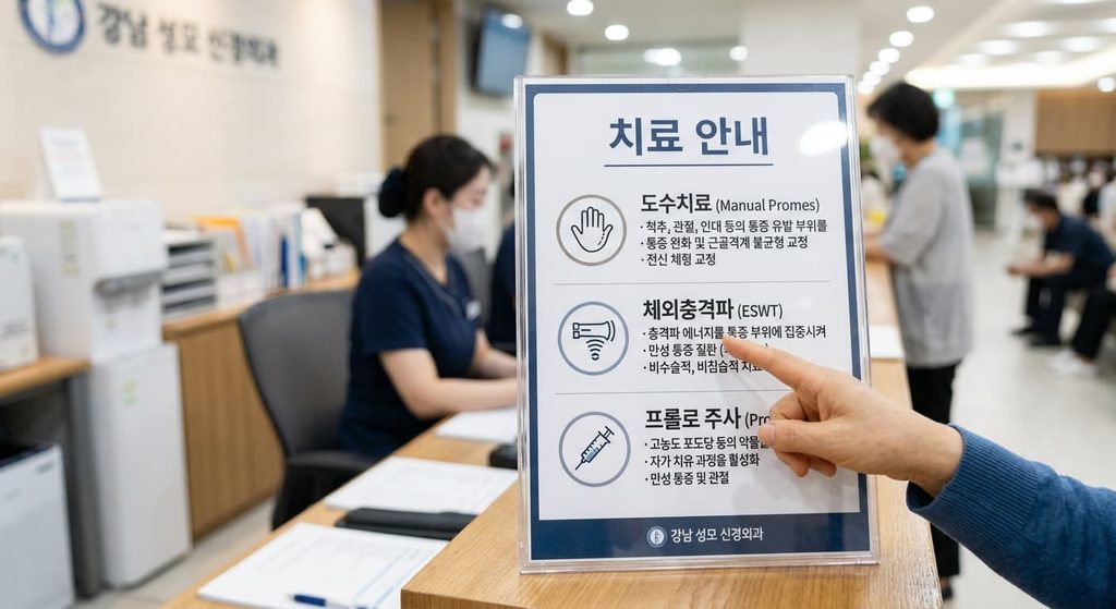 도수치료·체외충격파·프롤로 주사 치료 옵션을 비교하는 환자