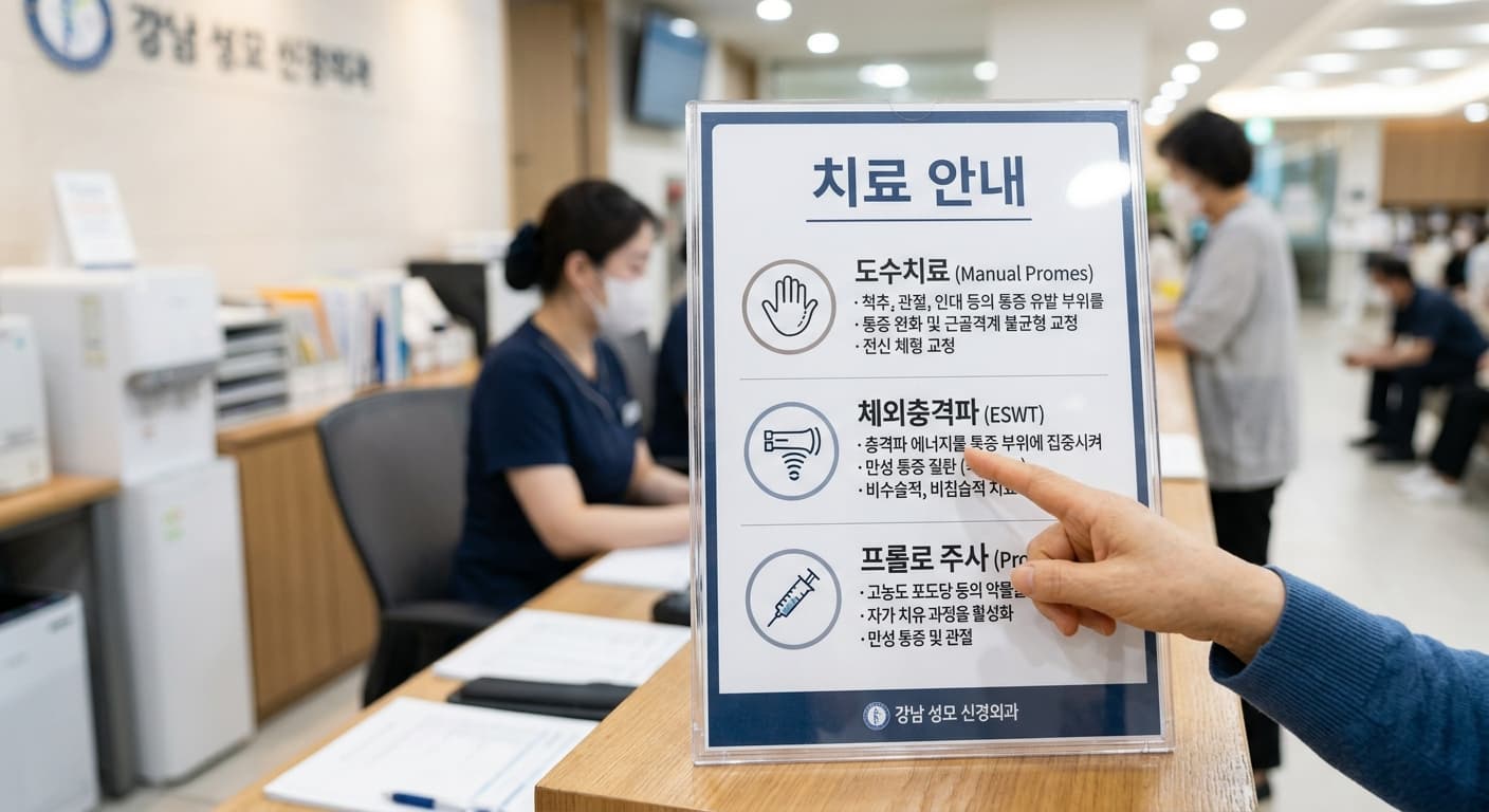 도수치료·체외충격파·프롤로 주사 치료 옵션을 비교하는 환자