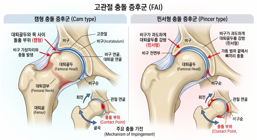 고관절 충돌 증후군 캠형과 핀서형 비교 구조 그림