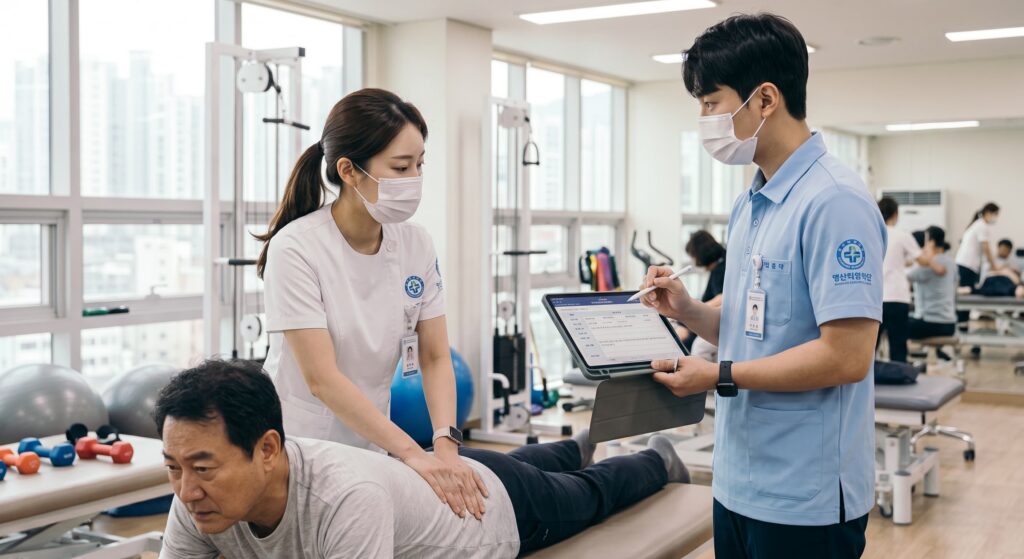 도수치료 재활 치료를 받으며 경과를 기록하는 모습