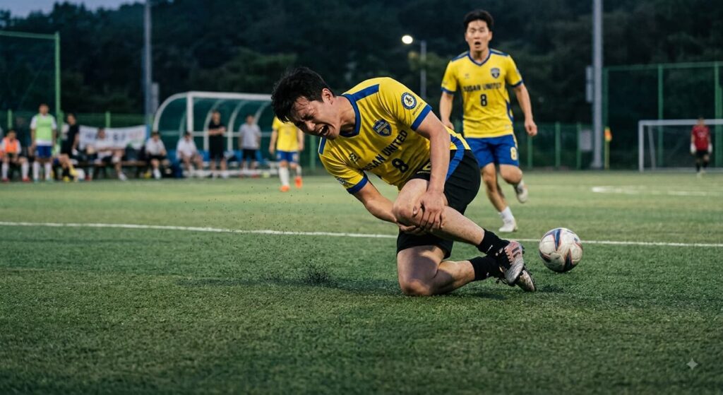 축구 활동 중 무릎 부상 모습
