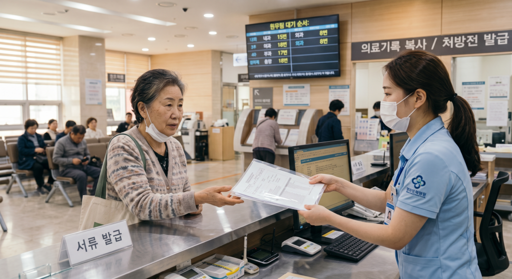병원 원무과에서 실비 청구용 진료비 계산서와 세부내역서를 받는 모습