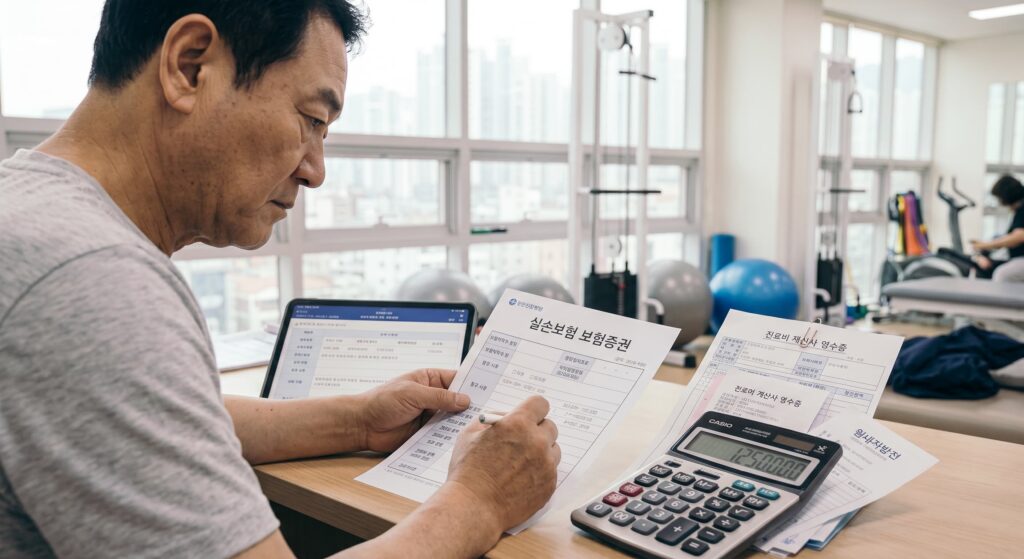 실손보험 증권과 진료비 영수증을 함께 확인하는 모습