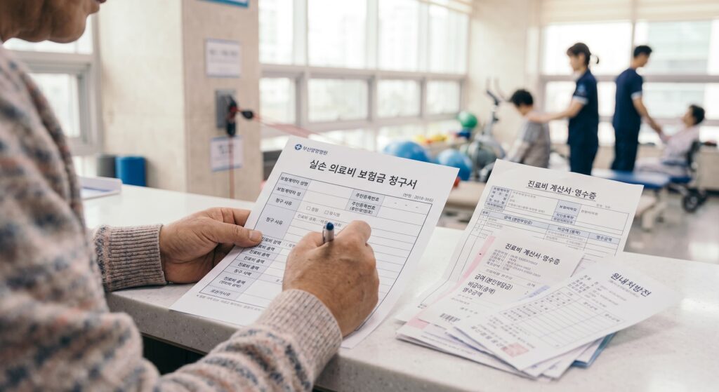 실손보험 청구를 위해 진료비 영수증을 정리하는 모습