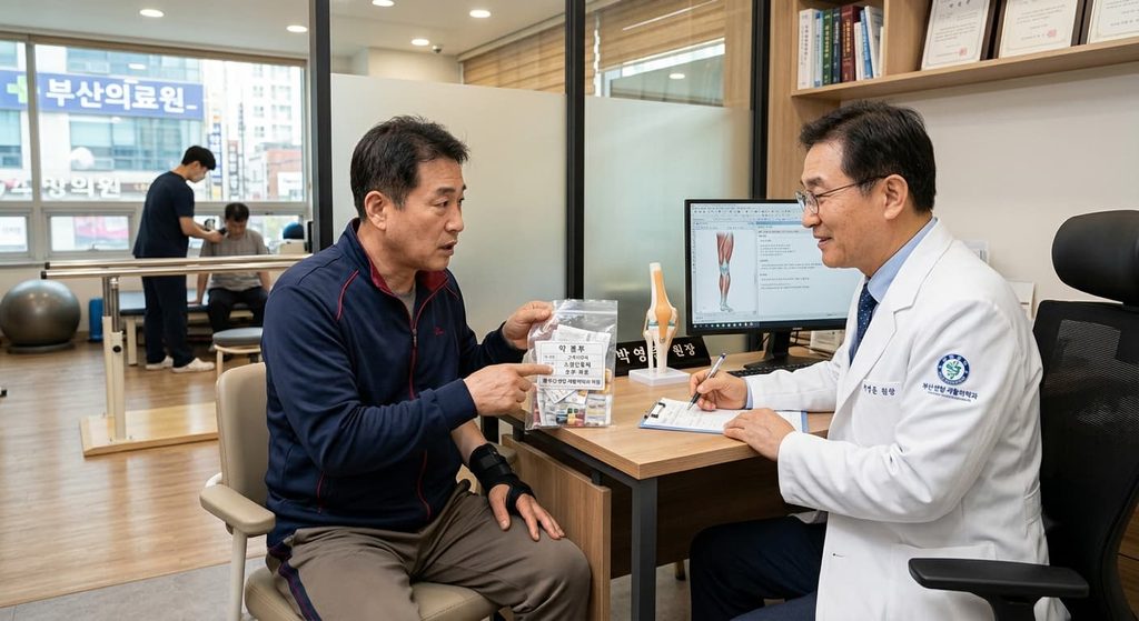 재활 환자가 진료실에서 의사에게 복용 중인 약 봉투를 보여주며 상담하는 장면