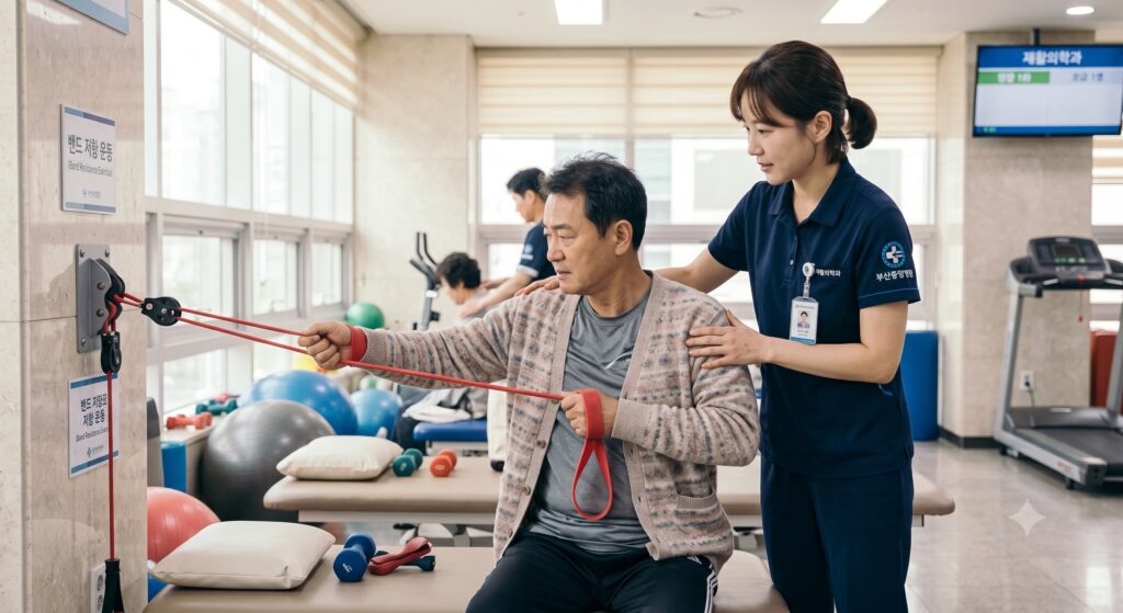 재활의학과에서 밴드를 이용해 재활 운동을 진행하는 모습